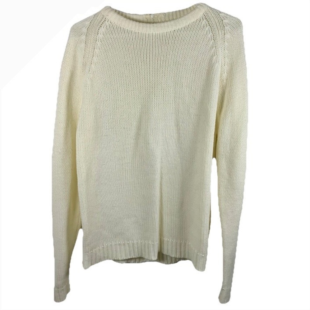 Vintage Sweater White Cream Hand Loomed Back Zip‎ Fisherman Boat Neck 80s FLAW